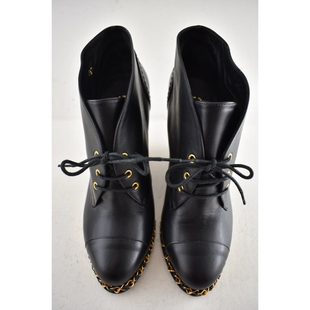 Chanel Black Leather Gold Chain Around CC Logo Lace Up Tie Ankle Wedge Boot 38.5 - Picture 8 of 16